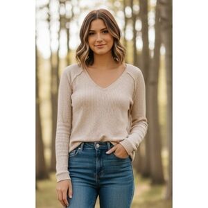 American Eagle Soft & Sexy Plush Waffle Knit V-neck Top Cream Size XS